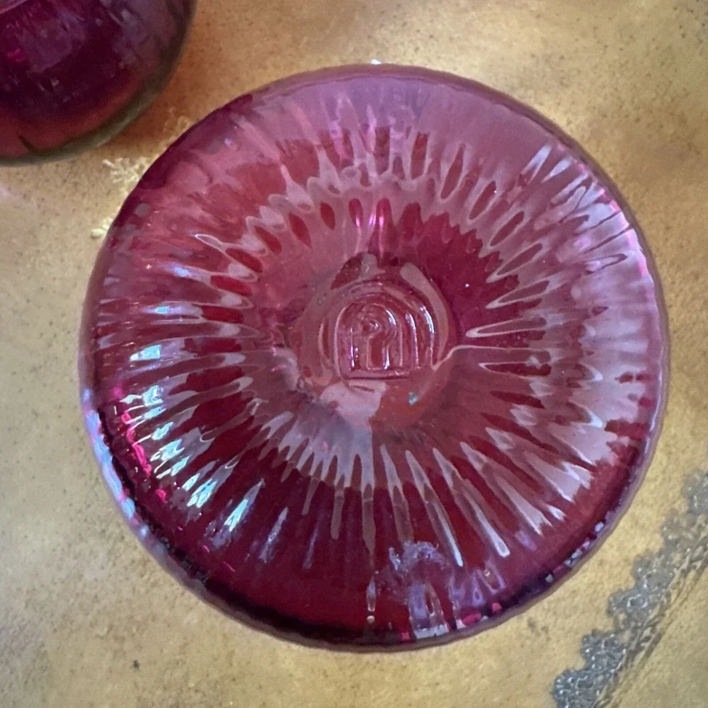Vtg Pilgrim Glass Optic Cranberry‎ Pink Pitcher Ribbed Clear Handle + Sugar Bowl